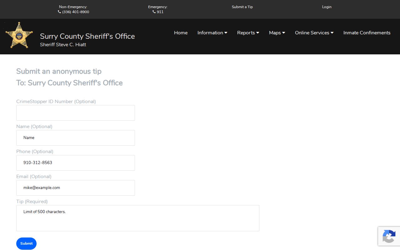 Surry County Sheriff anonymous tip submission interface
