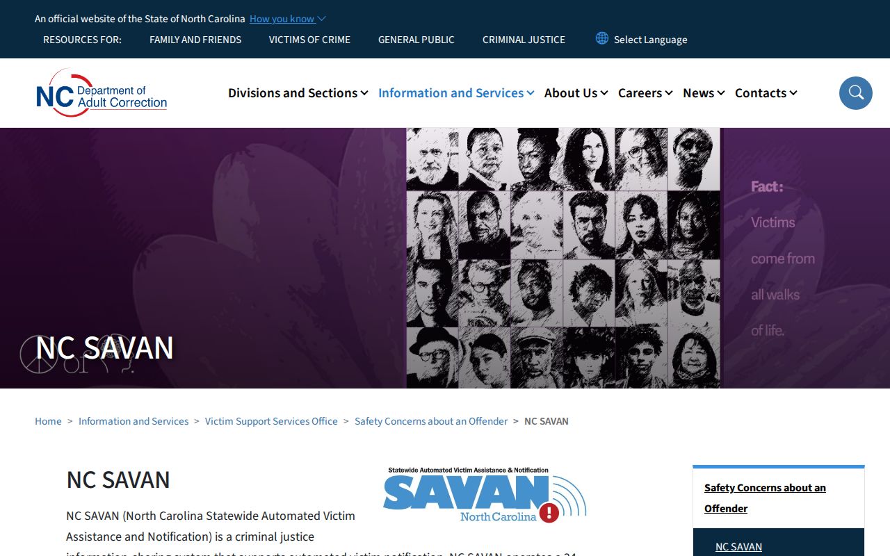 Official NC SAVAN phone number and VINELink registration link