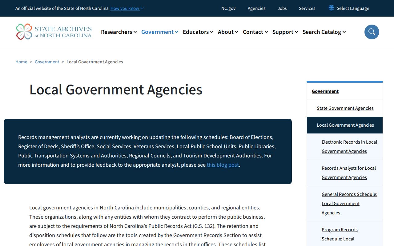 North Carolina local government records retention page