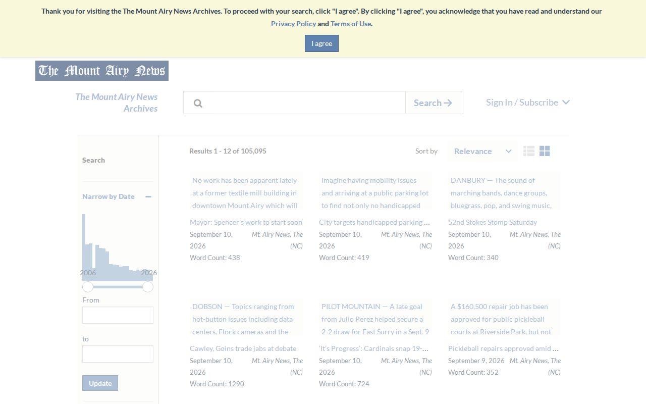 Mount Airy News archive search interface