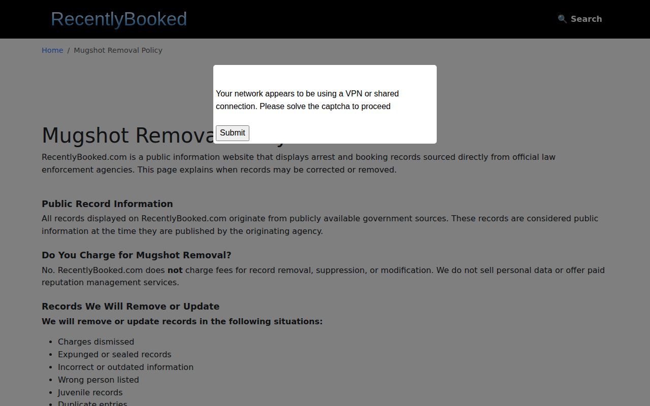 RecentlyBooked free record correction and removal policy